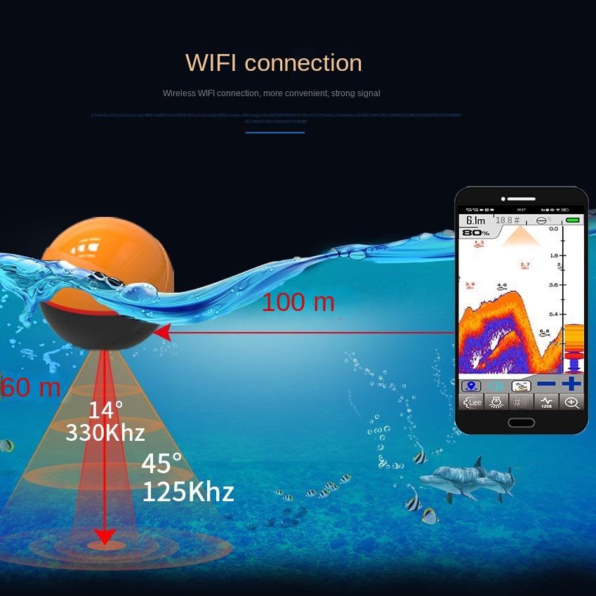 Dual-Frequenz-Smart-WLAN-Fischfinder mit hochauflösendem Unterwasser-Sonar und Batteriebetrieb.