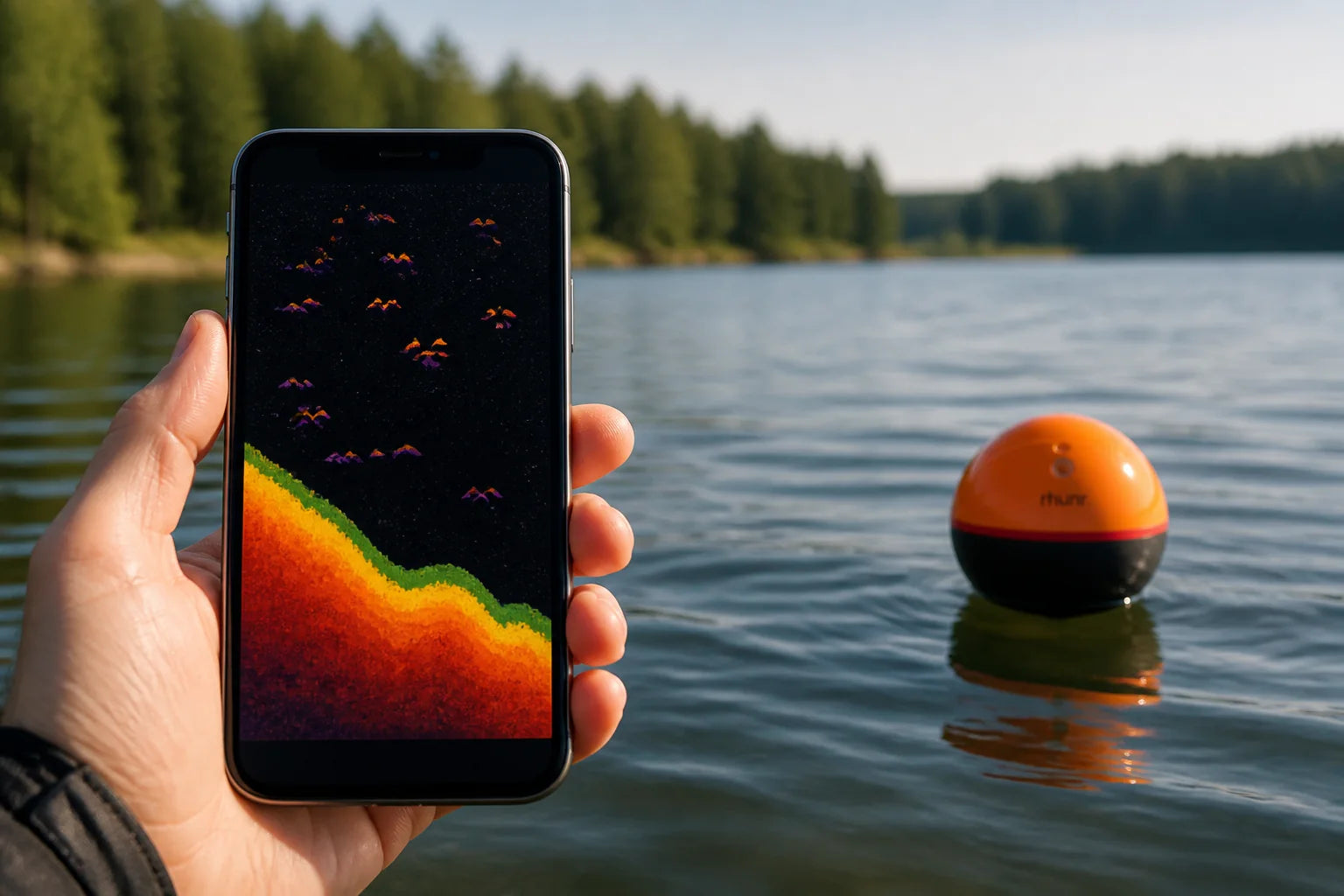 Smartphone mit Sonaransicht und RHUNR Sonar auf dem Wasser