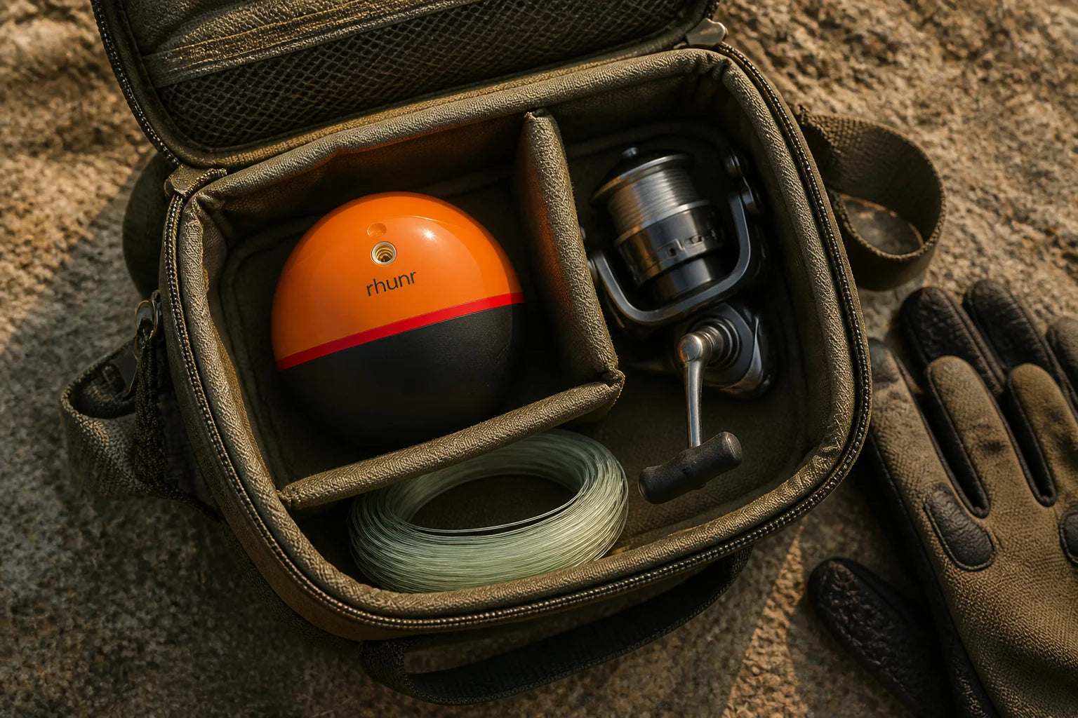 Kompaktes RHUNR Sonar in einer Angeltasche