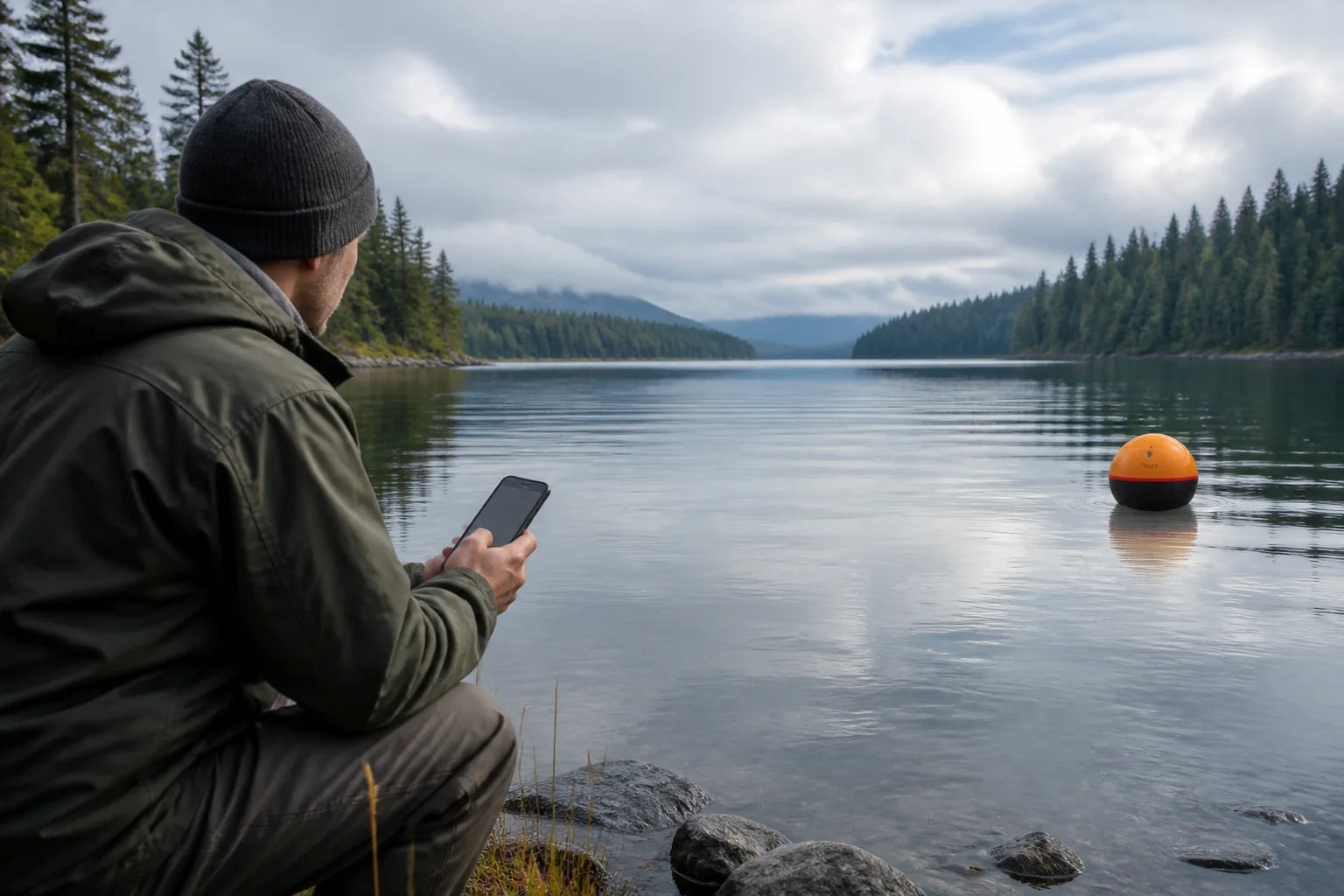 Angler am Ufer verbindet sein Smartphone mit einem entfernten RHUNR Sonar